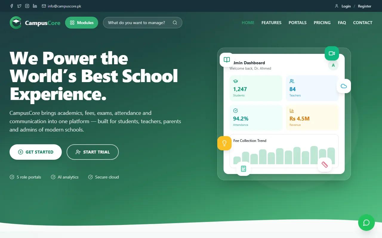 CampusCore landing page with the admin dashboard preview showing students, teachers, attendance and fee analytics