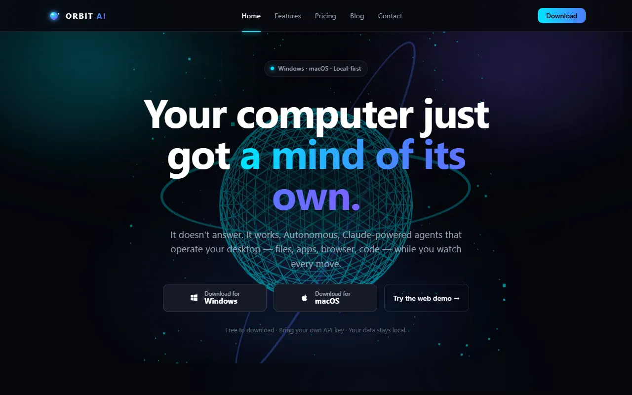 Orbit AI landing page — 'Your computer just got a mind of its own', with download buttons for Windows and macOS