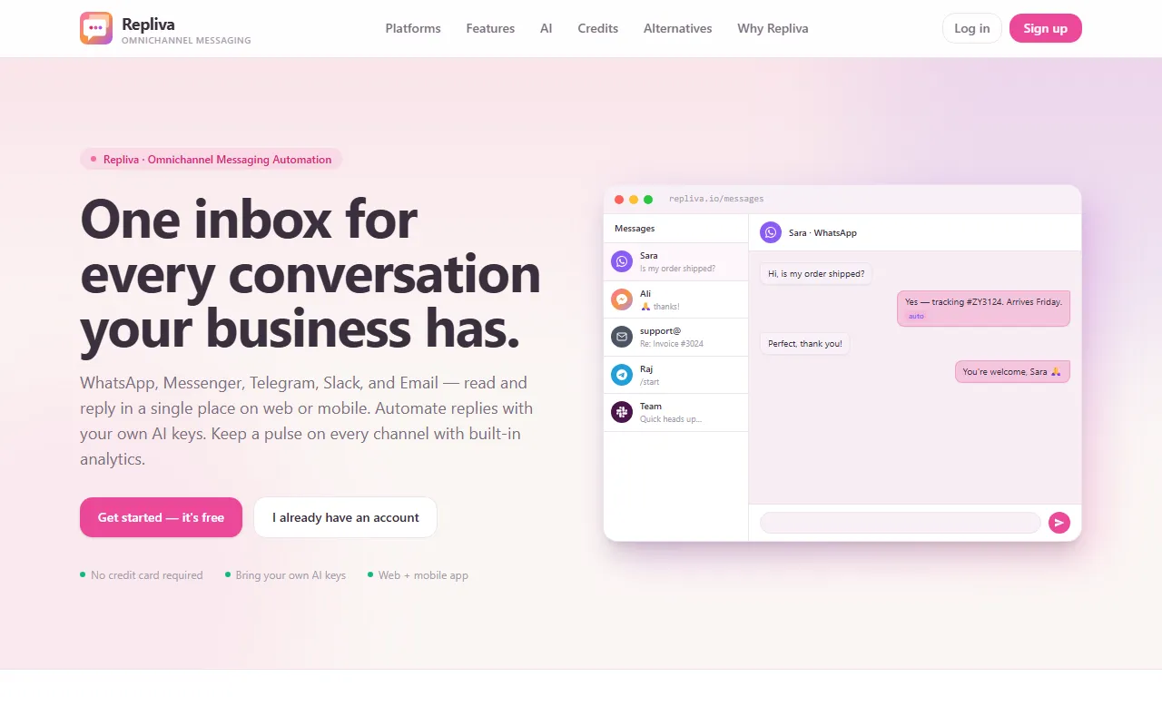 Repliva landing page showing the unified inbox with WhatsApp, Messenger and Telegram conversations in one view