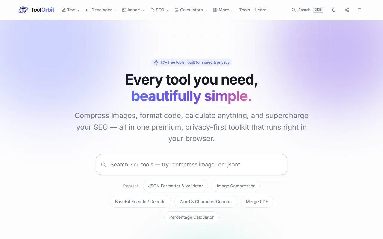 ToolOrbit home screen showing the tool search box and popular tools like JSON Formatter and Image Compressor